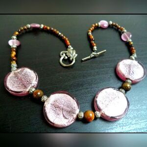 VINTAGE ARTISAN HIGH END TIGERS EYE & 1 1/8" PURPLE GLASS 18.5" NECKLACE